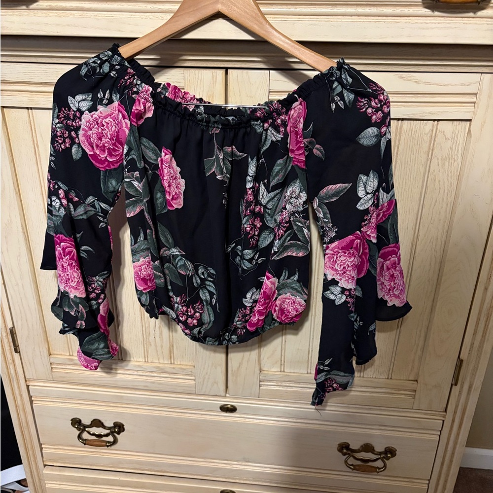 Black and Pink Floral Off-Shoulder Blouse